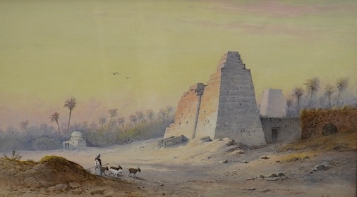 Frank Catano (Italian, 1880-1920), Orientalist watercolour, Figures before pyramids, signed, 32 x 58cm